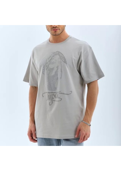 Unisex Oversize Taşlı Bisiklet Yaka Thirt Gri fırsatları