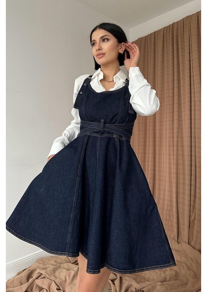 Kemer Detaylı Askılı Kloş Denim Elbise modelleri