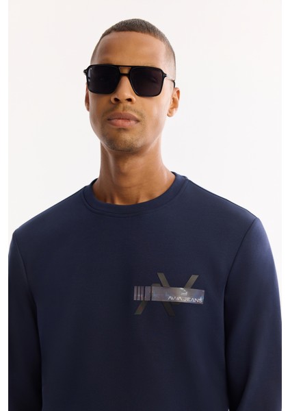 Erkek Lacivert Bisiklet Yaka Pamuklu Bi-Stretch Baskılı Regular Fit Sweatshirt A52Y1260 fırsatları