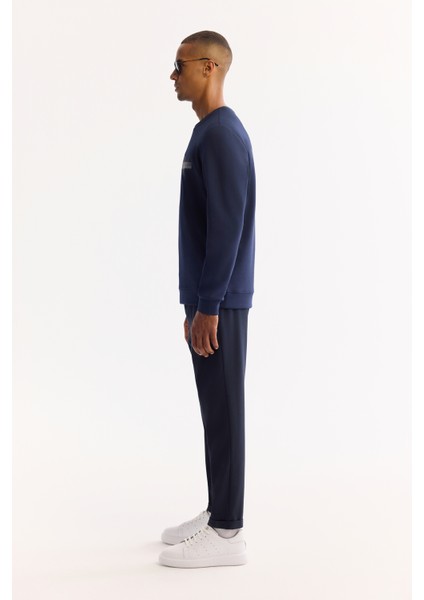 Erkek Lacivert Bisiklet Yaka Pamuklu Bi-Stretch Baskılı Regular Fit Sweatshirt A52Y1260