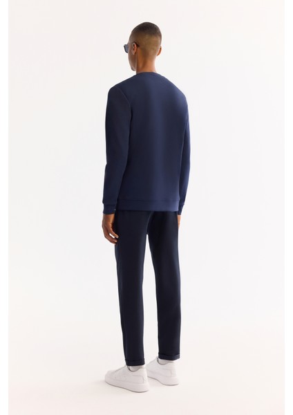 Erkek Lacivert Bisiklet Yaka Pamuklu Bi-Stretch Baskılı Regular Fit Sweatshirt A52Y1260