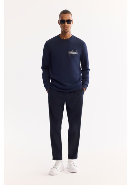 Erkek Lacivert Bisiklet Yaka Pamuklu Bi-Stretch Baskılı Regular Fit Sweatshirt A52Y1260 modelleri