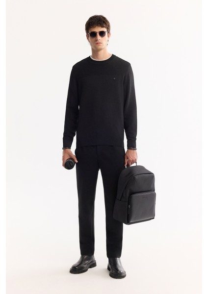 Erkek Siyah Bisiklet Yaka Rayon Tüylenmeyen Dokulu Triko Regular Fit Kazak A52Y5018