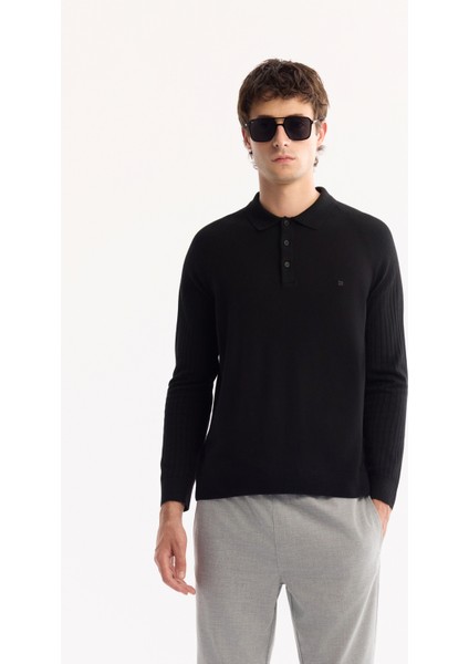 Erkek Siyah Polo Yaka Düğmeli Soft Touch Dokulu Triko Regular Fit Kazak A52Y5030
