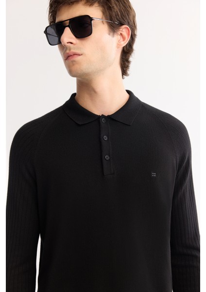 Erkek Siyah Polo Yaka Düğmeli Soft Touch Dokulu Triko Regular Fit Kazak A52Y5030 fiyatları