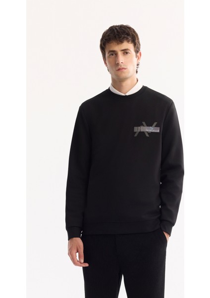 Erkek Siyah Bisiklet Yaka Pamuklu Bi-Stretch Baskılı Regular Fit Sweatshirt A52Y1260