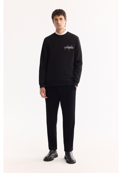 Erkek Siyah Bisiklet Yaka Pamuklu Bi-Stretch Baskılı Regular Fit Sweatshirt A52Y1260