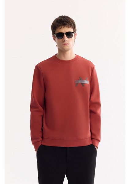 Erkek Kiremit Bisiklet Yaka Pamuklu Bi-Stretch Baskılı Regular Fit Sweatshirt A52Y1260