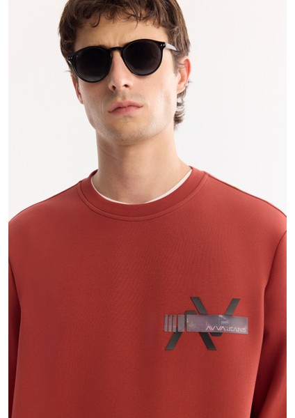 Erkek Kiremit Bisiklet Yaka Pamuklu Bi-Stretch Baskılı Regular Fit Sweatshirt A52Y1260 fiyatları