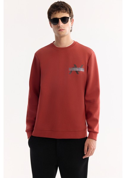 Erkek Kiremit Bisiklet Yaka Pamuklu Bi-Stretch Baskılı Regular Fit Sweatshirt A52Y1260 indirimleri