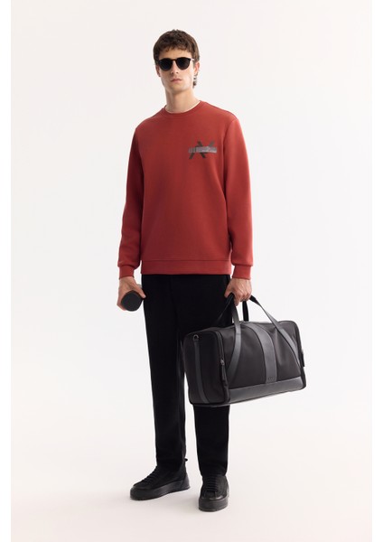 Erkek Kiremit Bisiklet Yaka Pamuklu Bi-Stretch Baskılı Regular Fit Sweatshirt A52Y1260