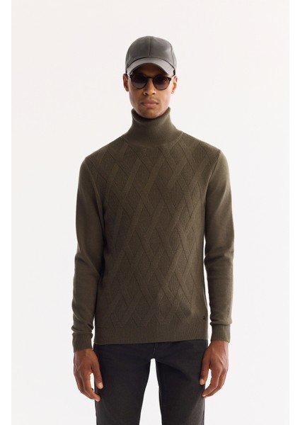 Erkek Haki Balıkçı Yaka Soft Touch Dokulu Triko Regular Fit Kazak A52Y5040