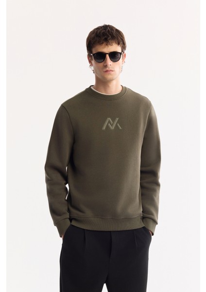 Erkek Haki Bisiklet Yaka Pamuklu Şardonlu Baskılı Regular Fit Sweatshirt A52Y1327