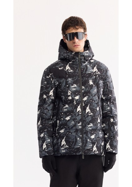 Erkek Siyah Kapüşonlu Su İtici Rüzgar Geçirmez -15 Dereceye Dayanıklı Kayak Montu A52Y6112