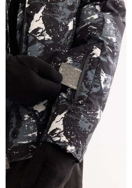 Erkek Siyah Kapüşonlu Su İtici Rüzgar Geçirmez -15 Dereceye Dayanıklı Kayak Montu A52Y6112