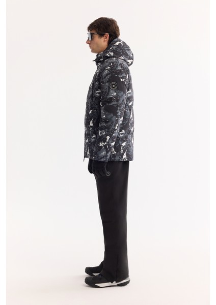 Erkek Siyah Kapüşonlu Su İtici Rüzgar Geçirmez -15 Dereceye Dayanıklı Kayak Montu A52Y6112