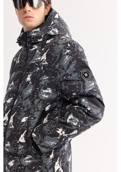 Erkek Siyah Kapüşonlu Su İtici Rüzgar Geçirmez -15 Dereceye Dayanıklı Kayak Montu A52Y6112