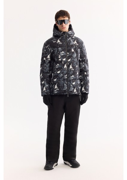 Erkek Siyah Kapüşonlu Su İtici Rüzgar Geçirmez -15 Dereceye Dayanıklı Kayak Montu A52Y6112