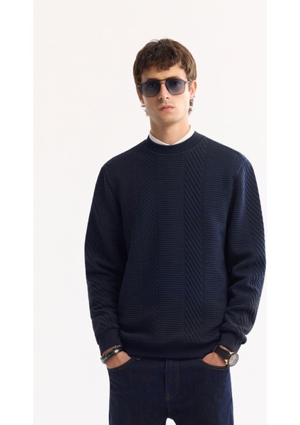 Erkek Lacivert Bisiklet Yaka Çizgili Jakarlı Regular Fit Sweatshirt A52Y1220