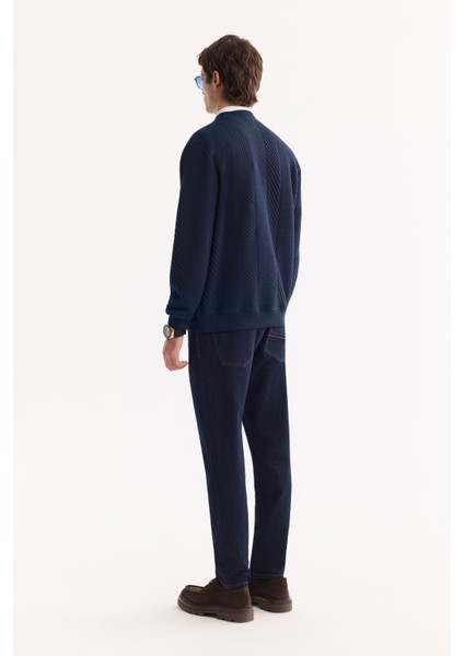 Erkek Lacivert Bisiklet Yaka Çizgili Jakarlı Regular Fit Sweatshirt A52Y1220