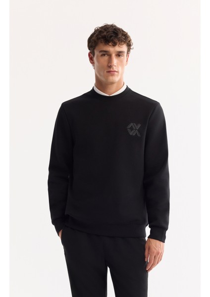 Erkek Siyah Bisiklet Yaka Pamuklu Bi-Stretch Basic Regular Fit Sweatshirt A52Y1328