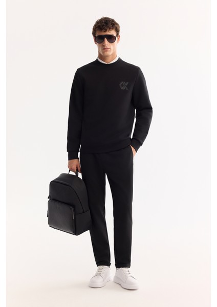 Erkek Siyah Bisiklet Yaka Pamuklu Bi-Stretch Basic Regular Fit Sweatshirt A52Y1328