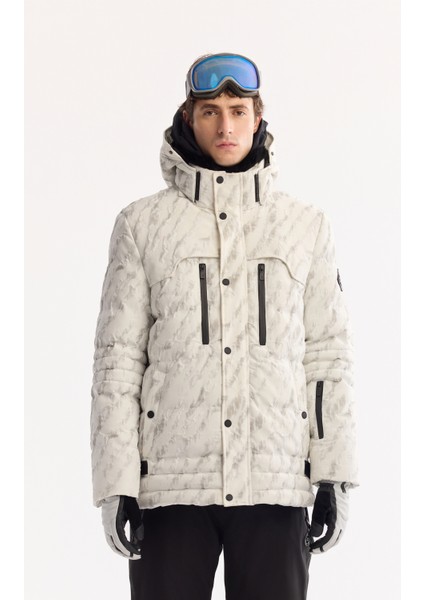 Erkek Beyaz Kapüşonlu Rüzgar Geçirmez -15 Dereceye Dayanıklı Comfort Fit Kayak Montu A52Y6053