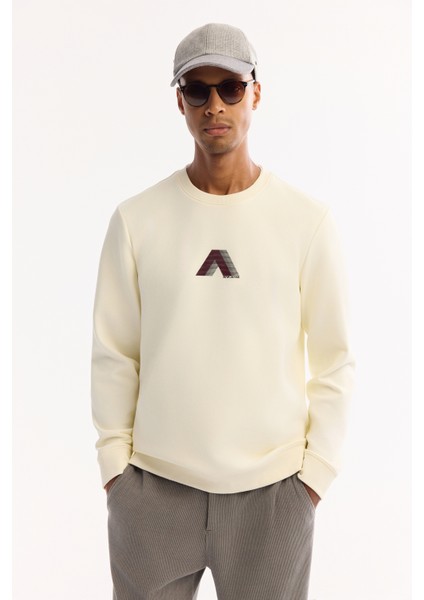 Erkek Ekru Bisiklet Yaka Pamuklu Bi-Stretch Baskılı Regular Fit Sweatshirt A52Y1305