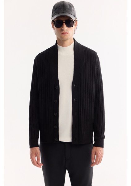 Erkek Siyah Şal Yaka Düğmeli Soft Touch Çizgili Regular Fit Hırka A52Y5042 fiyatları