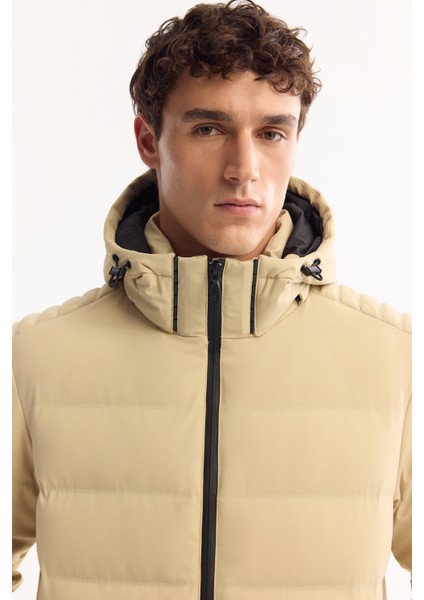 Erkek Bej Kapüşonlu Kaz Tüyü Su İtici Rüzgar Geçirmez -10 Dereceye Dayanıklı Şişme Regular Fit Mont A52Y6067 fiyatları