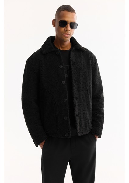 Erkek Siyah Klasik Yaka Rüzgar Geçirmez -4 Dereceye Dayanıklı Peluş Regular Fit Mont A52Y6111