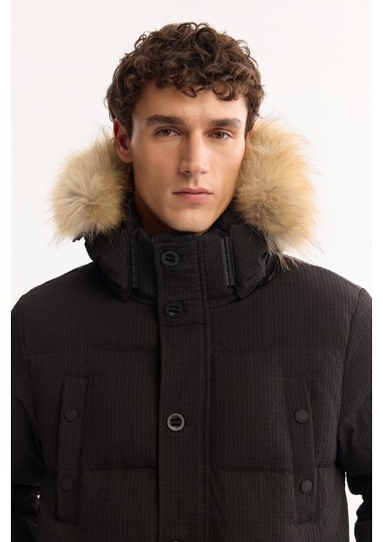 Erkek Siyah %100 Kaz Tüyü Su İtici Rüzgar Geçirmez -10°C Dayanıklı Şişme Mont A52Y6084