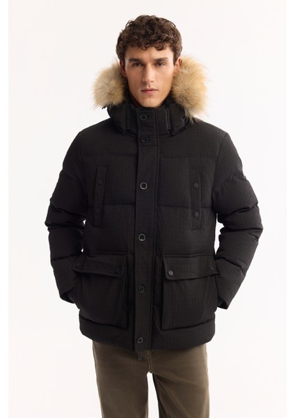 Erkek Siyah %100 Kaz Tüyü Su İtici Rüzgar Geçirmez -10°C Dayanıklı Şişme Mont A52Y6084