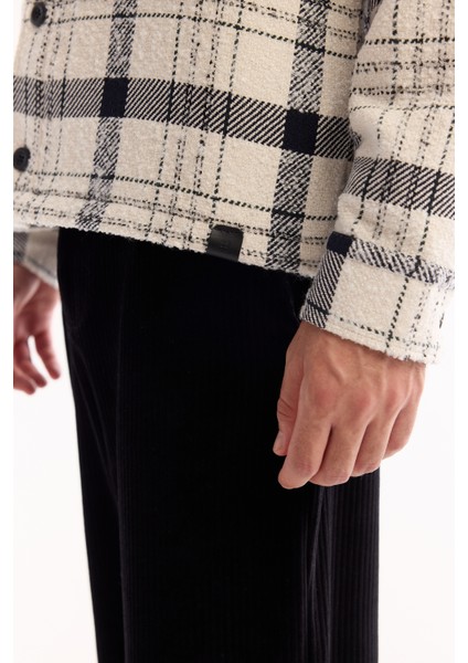 Erkek Ekru Klasik Yaka Soft Touch Ekoseli Comfort Fit Gömlek Ceket A52Y2008