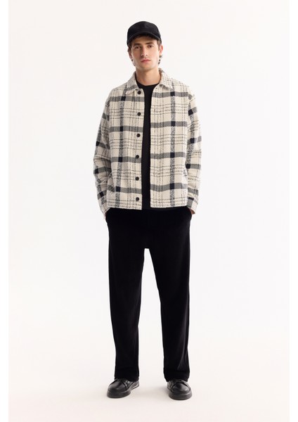 Erkek Ekru Klasik Yaka Soft Touch Ekoseli Comfort Fit Gömlek Ceket A52Y2008