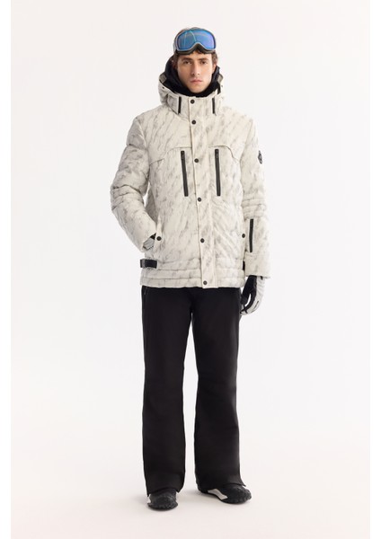 Erkek Beyaz Kapüşonlu Rüzgar Geçirmez -15 Dereceye Dayanıklı Comfort Fit Kayak Montu A52Y6053