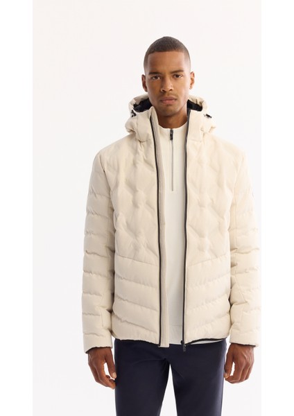 Erkek Kırık Beyaz Kapüşonlu Su İtici Rüzgar Geçirmez -5°C Dayanıklı Şişme Mont A52Y6075