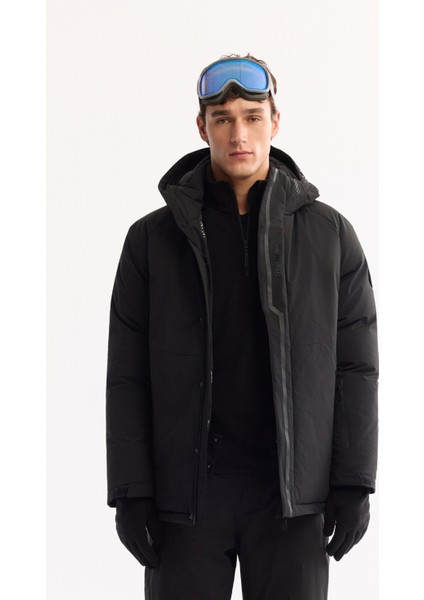 Erkek Siyah Kapüşonlu Su İtici Rüzgar Geçirmez -15°C Dayanıklı Şişme Kayak Montu A52Y6161