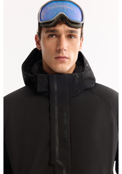 Erkek Siyah Kapüşonlu Su İtici Rüzgar Geçirmez -15°C Dayanıklı Şişme Kayak Montu A52Y6161 fiyatları