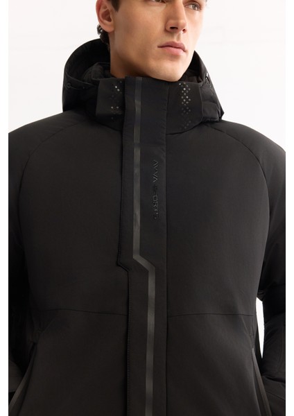 Erkek Siyah Kapüşonlu Su İtici Rüzgar Geçirmez -15°C Dayanıklı Şişme Kayak Montu A52Y6161