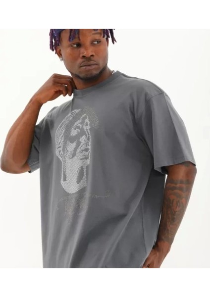 Unisex Oversize Taşlı Bisiklet Yaka Thirt Füme