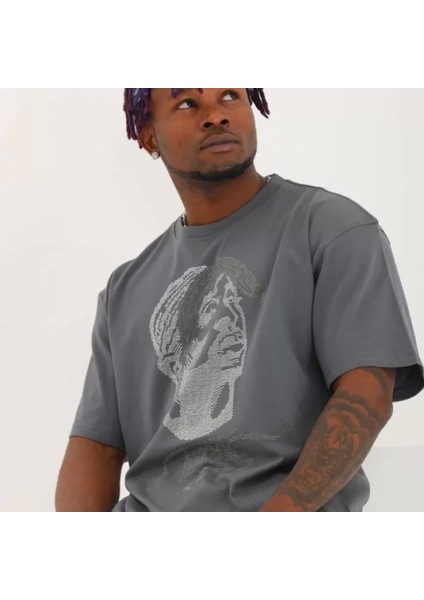 Unisex Oversize Taşlı Bisiklet Yaka Thirt Füme fiyatları