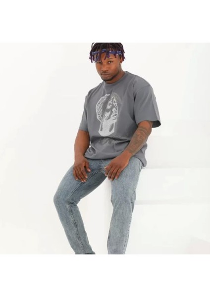 Unisex Oversize Taşlı Bisiklet Yaka Thirt Füme fırsatları