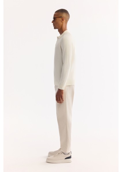 Erkek Ekru Polo Yaka Düğmeli Soft Touch Dokulu Triko Regular Fit Kazak A52Y5030
