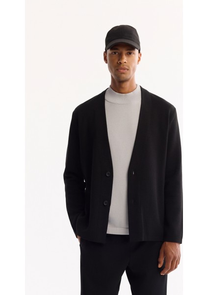 Erkek Siyah Şal Yaka Düğmeli Yün Karışımlı Regular Fit Hırka A52Y5049