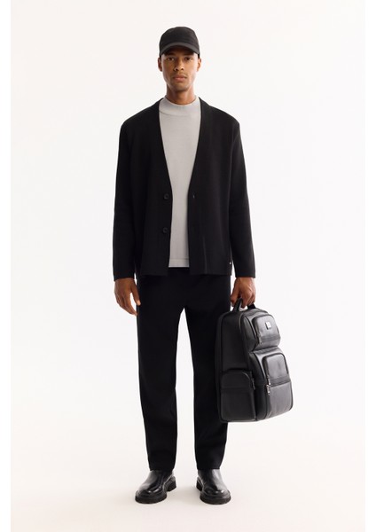 Erkek Siyah Şal Yaka Düğmeli Yün Karışımlı Regular Fit Hırka A52Y5049