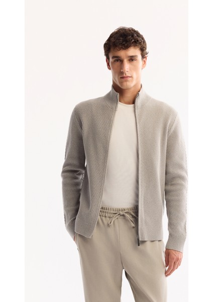 Erkek Gri Dik Yaka Fermuarlı Pamuklu Soft Touch Dokulu Regular Fit Hırka A52Y5181