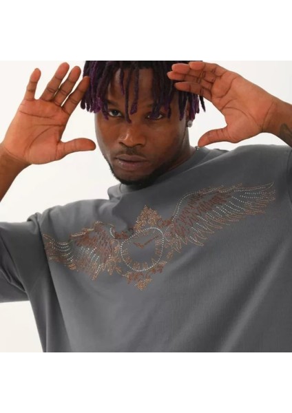 Unisex Oversize Taşlı Bisiklet Yaka Thirt Füme fiyatları
