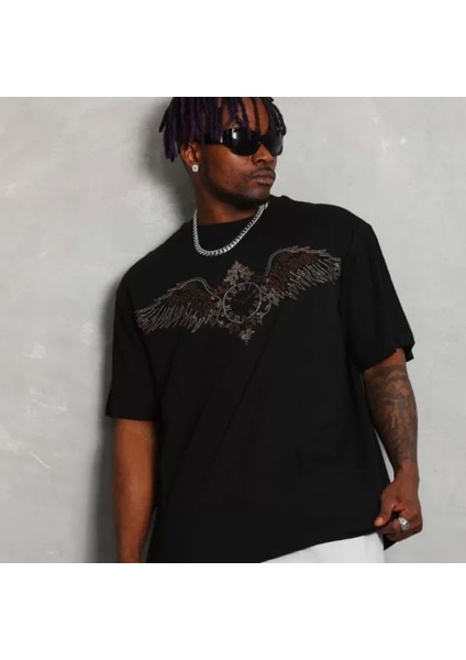 Unisex Oversize Taşlı Bisiklet Yaka Thirt Iyah fırsatları