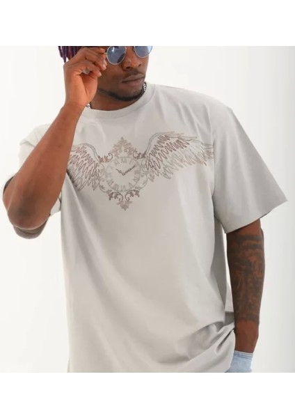 Unisex Oversize Taşlı Bisiklet Yaka Thirt Gri